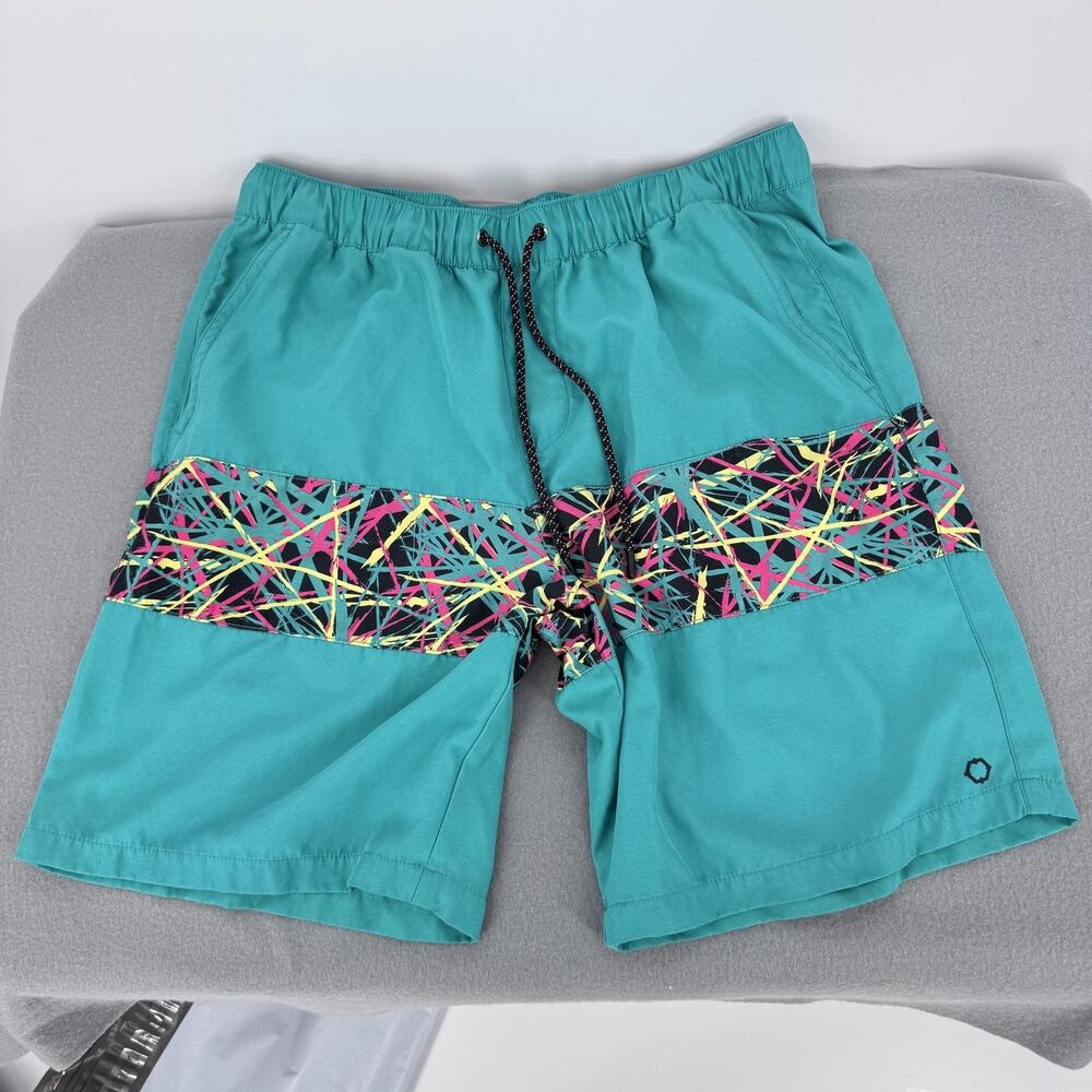 Empyre Swim Trunks Mens Medium Teal Retro Neon Stripe‎ Board Shorts 80s Style